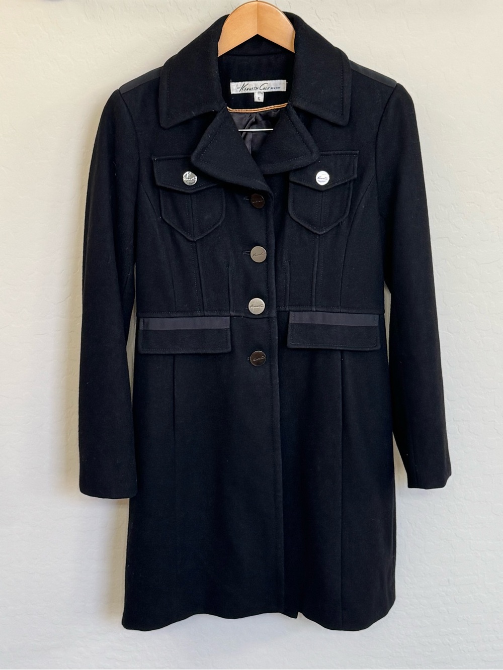 Kenneth Cole New York Black Wool Blend Single Breasted Peacoat Dress Coat Size 6